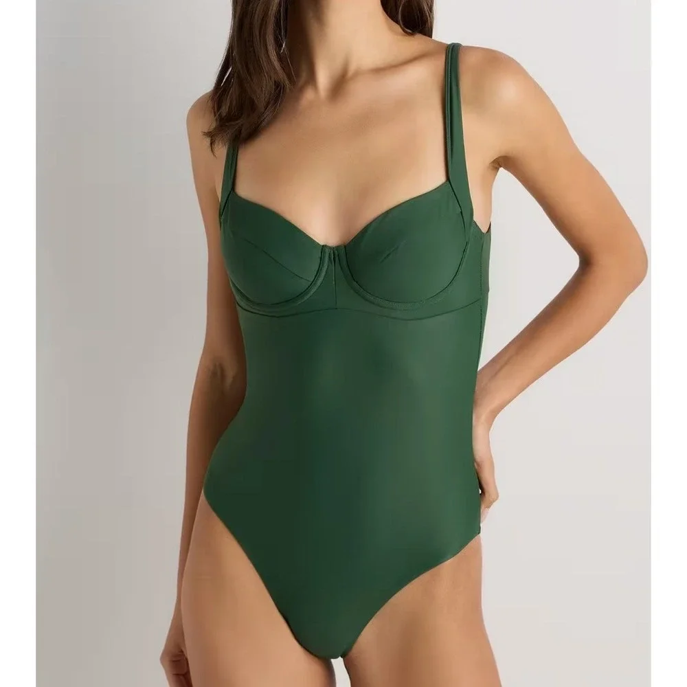 quince italian underwire one-piece bathing suit in palm green, women size small
